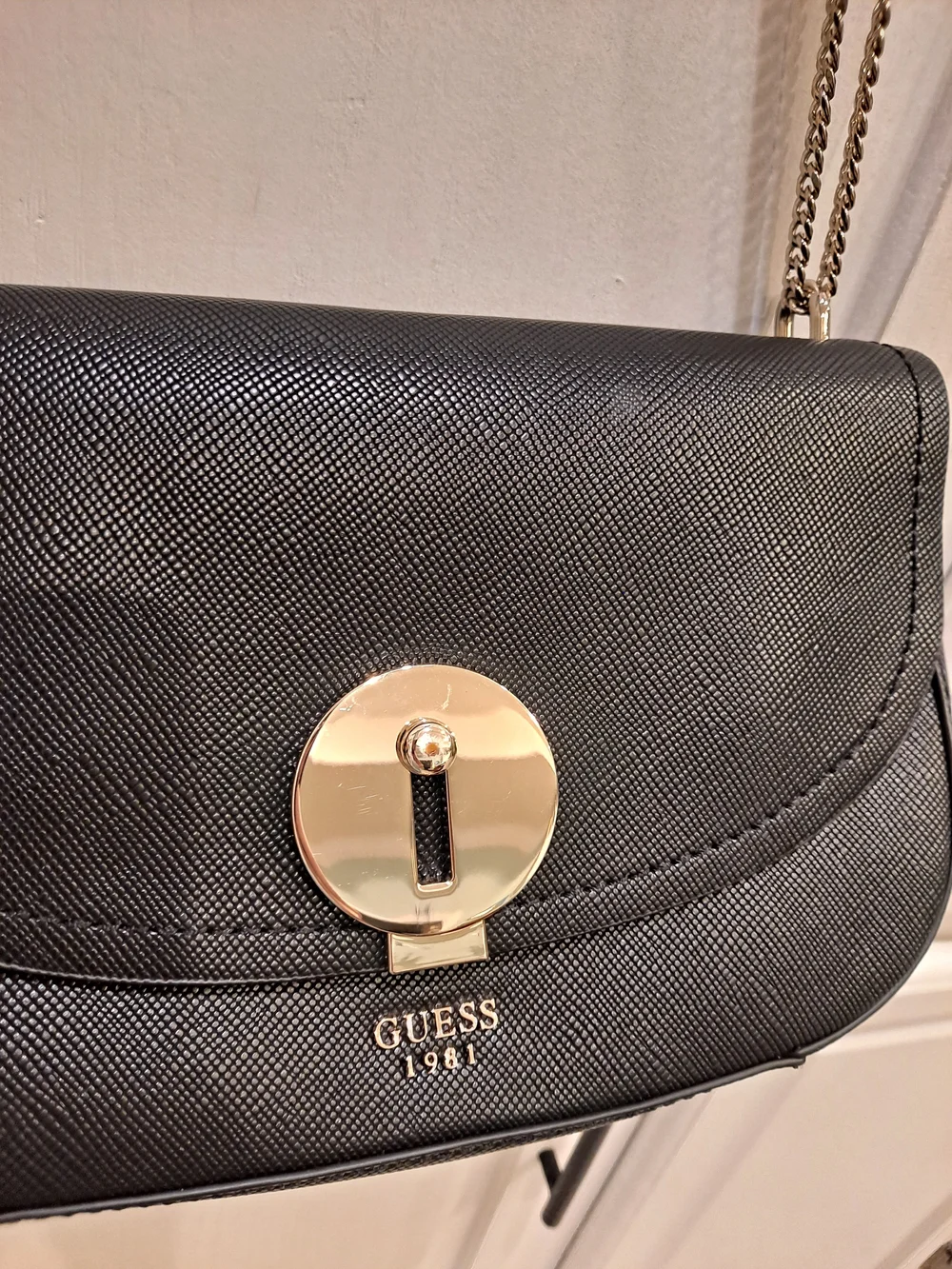 GUESS 1981 Augustina Black Saffiano Curved Flap Oversized Crossbody Bag